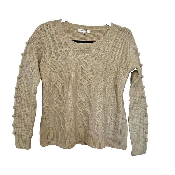 Madewell Beige Merino Wool Cable Knit Crew Neck Long Sleeve Pom Pullover Sweater - Picture 2 of 11